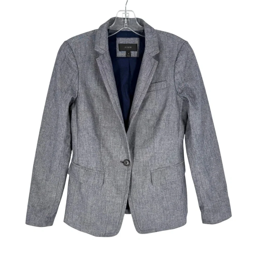 J Crew Regent Blazer Womens Size 4 Blue Cotton Lined Single Button Jacket